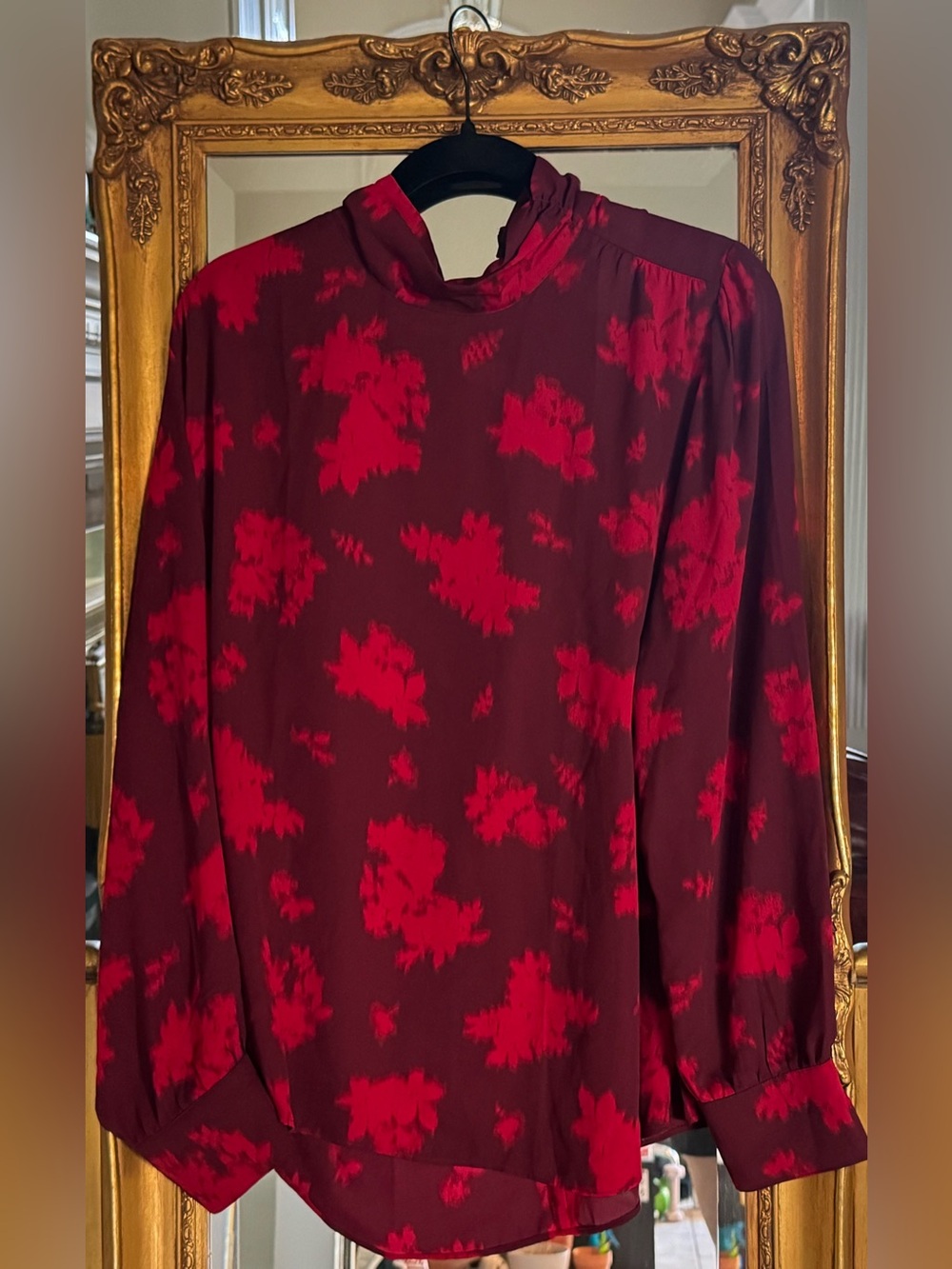 Ann Taylor Burgundy and Red Patterned Long-Sleeve Blouse